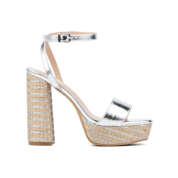 Madden Girl Odalina Ankle Strap Block Heel Silver Raffia Platform sz 10 metallic - Picture 2 of 16